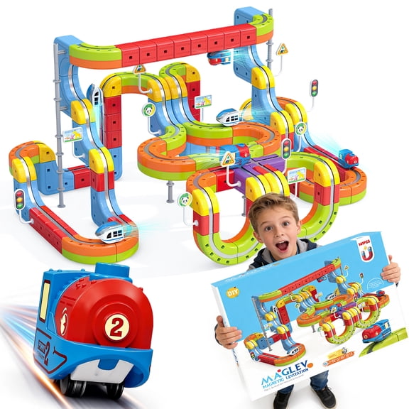BRISTLIX 141PCS Magnetic Train Set with Electric Train, 3D Magnetic Race Track Building Toy, Flexible Track STEM Toy for Kids Ages 3-8