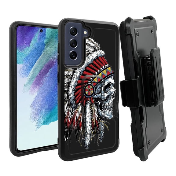 ANJ  Rugged Dual Layer Hybrid Holster Kickstand Case w/ Card Slot   Tempered Glass Cover for Samsung Galaxy S21 FE 5G - Chief Skull