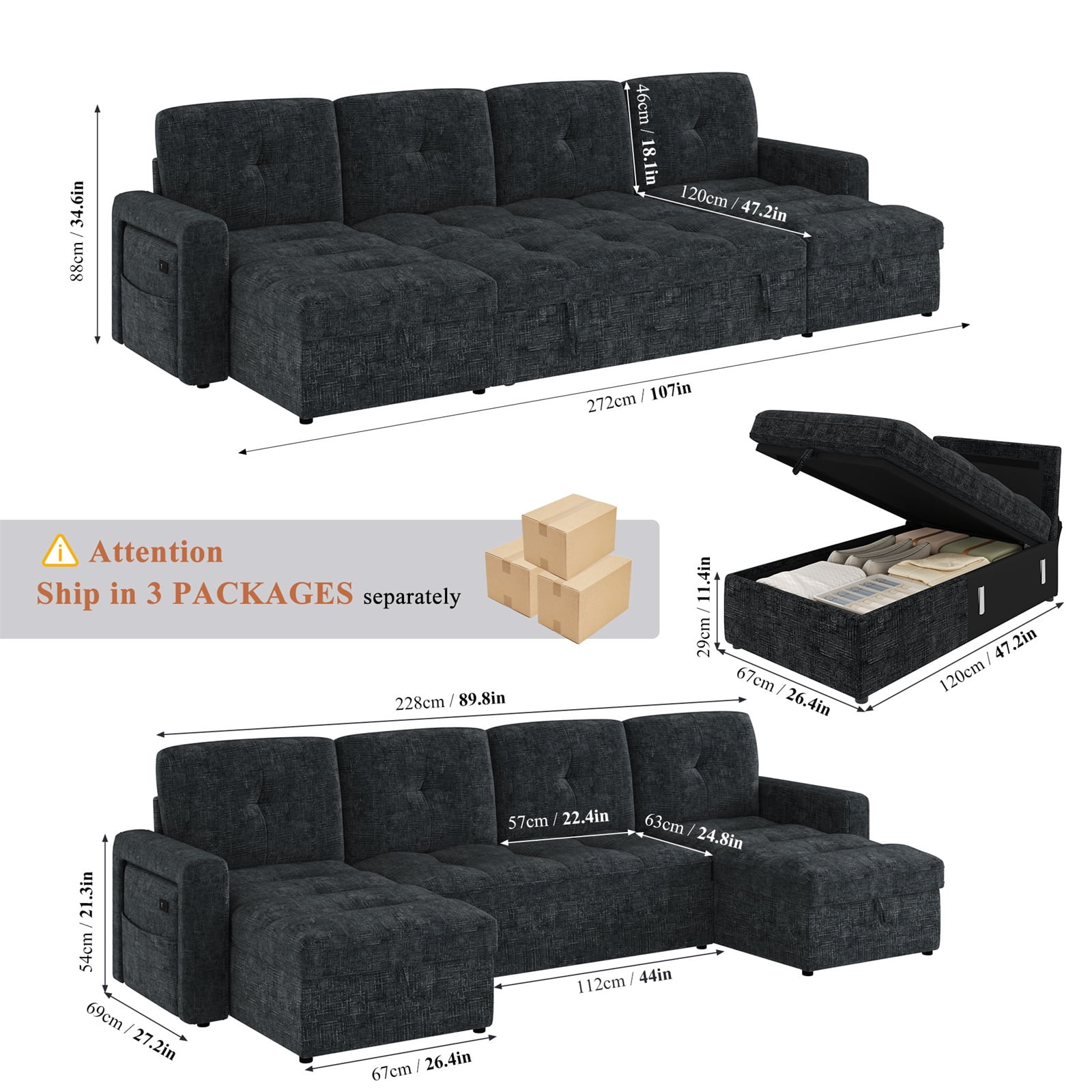 Homfa 107" Sleeper Sofa Bed with Pull Out Couch, Adjustable Backrest Convertible Sofa Bed with Storage Chaise Couch & USB Port, 6 Seat U Shape Sofa Couch with Chaise for Living Room Apartment