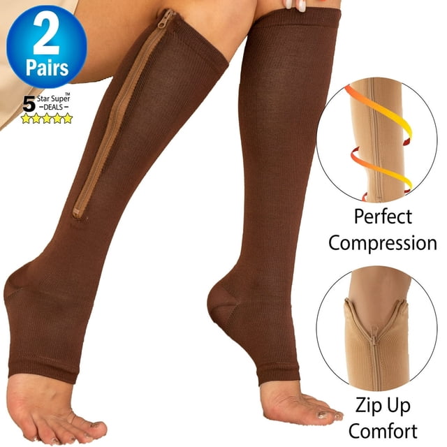 HAOAN Zipper Compression Socks - Open Toe Knee High Graduated Pressure Support Hose for Improved Leg Circulation - Unisex - Brown Regular Size - (2 Pairs)