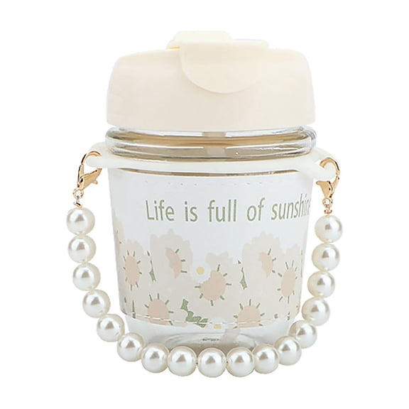 Novamily 350ML Glass Coffee Mug with Lid & Straw â Double Spouts Design,Cute Daisy Design Cup with Pearl Handle, Leakproof Drinking Jar, Gift for Women, Iced Coffee, Juice, Tea (Beige)