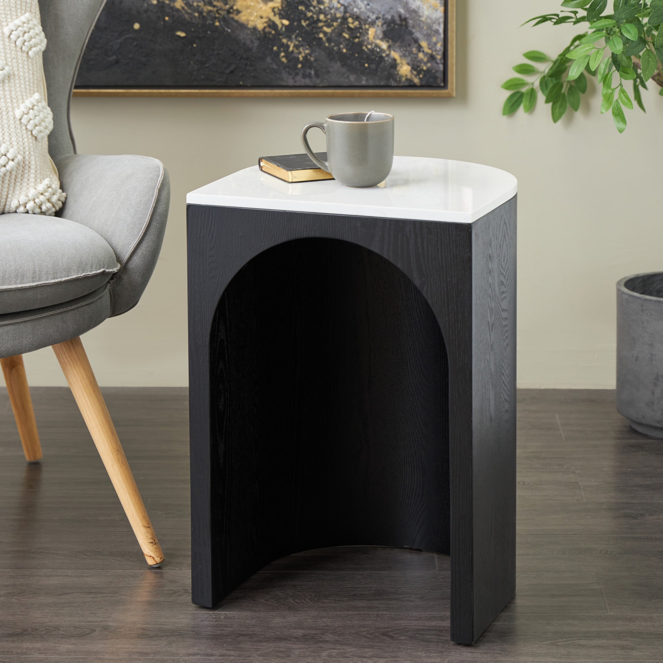 DecMode 16" x 23" Black Wood Cutout Arch Accent Table with White Marble Tabletop, 1-Piece