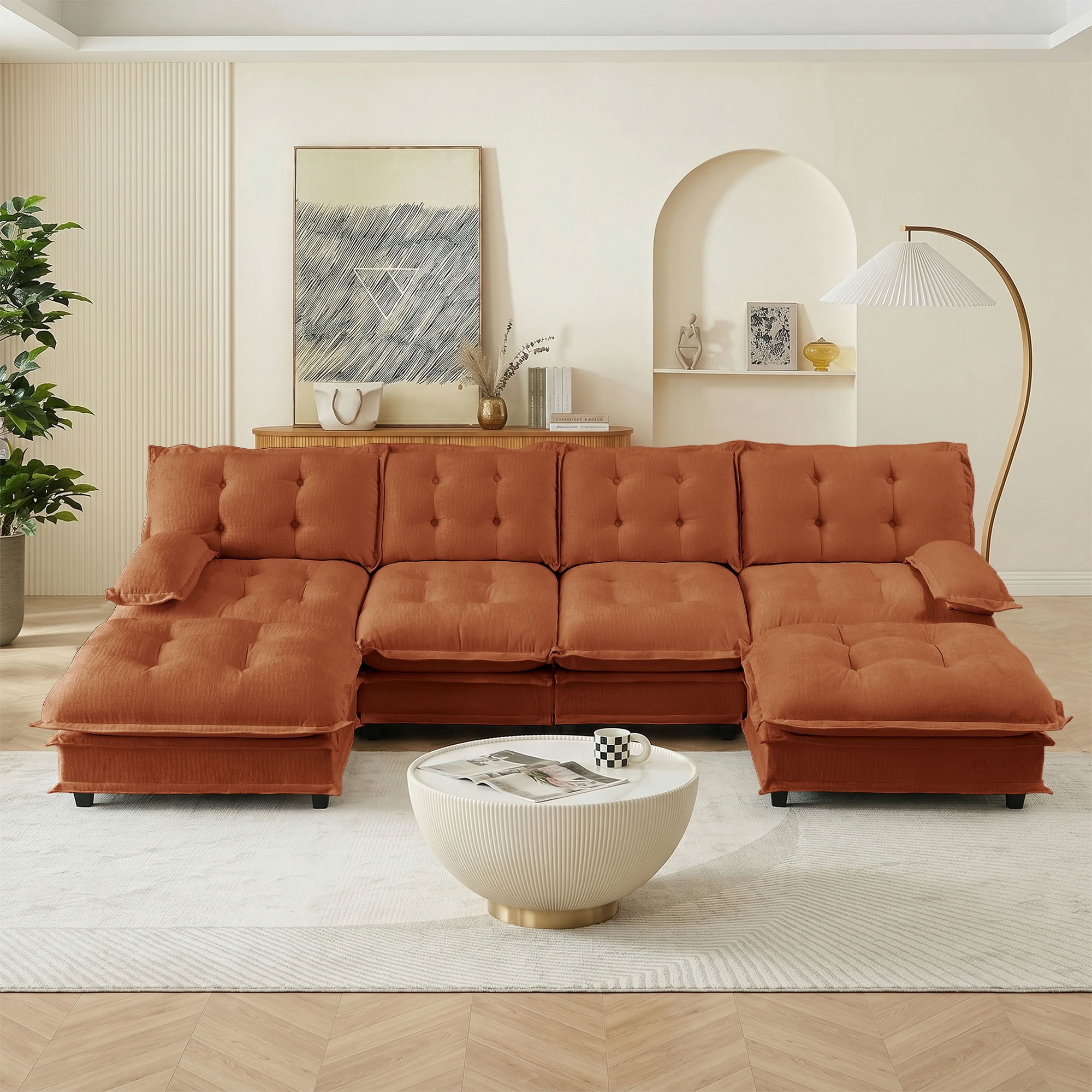 MAYEERTY 138 Inch Modular Sectional Sofa with 2 Ottomans, U-Shaped 4-Seater Chenille Couch for Living Room Bedroom Apartment