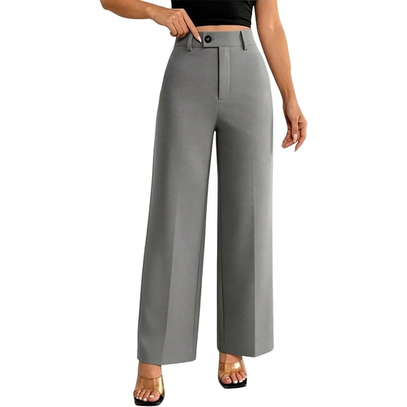 Htigea Women's High Waisted Work Pants Solid Color Straight Leg Business Pant Dressy Trousers Gray S
