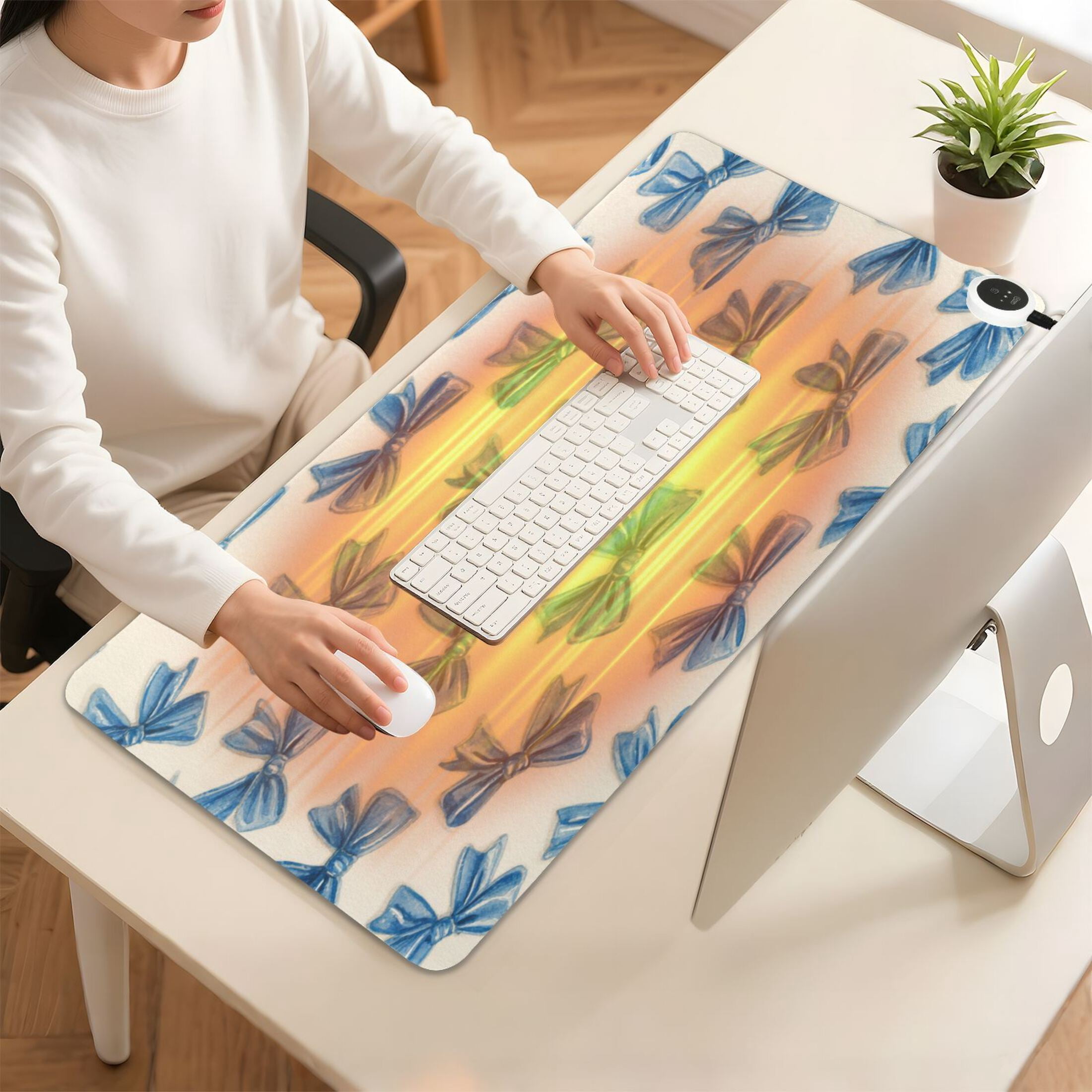 Large Heated Desk Mat Mouse Pad 31.5"x13"PU Leather Graphene Heating Desk Warmer with 3 Temperature Settings 110V US Plug Non-Slip Warm Pad for Home, Office, and Gaming Classic Blue Bow Pattern