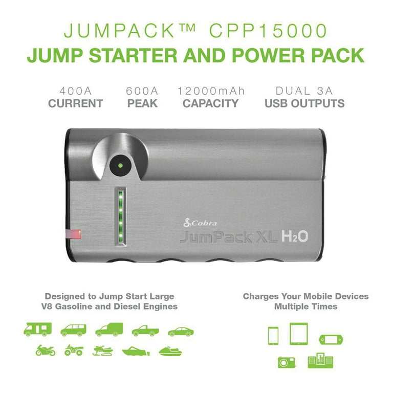 Cobra Electronics JumPack XL CPP15000 Portable Power Car Jump Starter:  Battery Charger, Power Pack, LED Flash Light w/ Jumper Cables, 12,000mAh  for Instant Power to Car, SUV, Boat/Motorcycle 