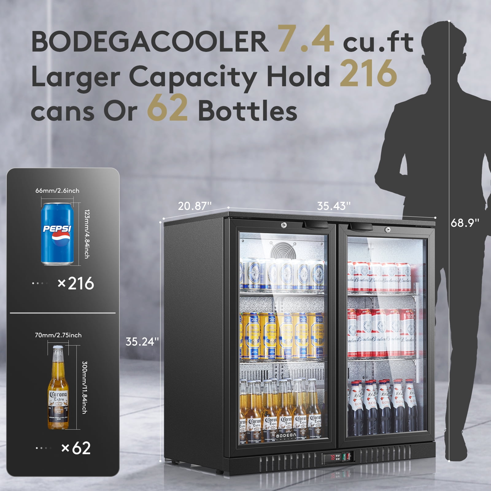 35.43'' W 216 Cans (12 oz.) 7.4 Cubic Feet Beverage Cooler