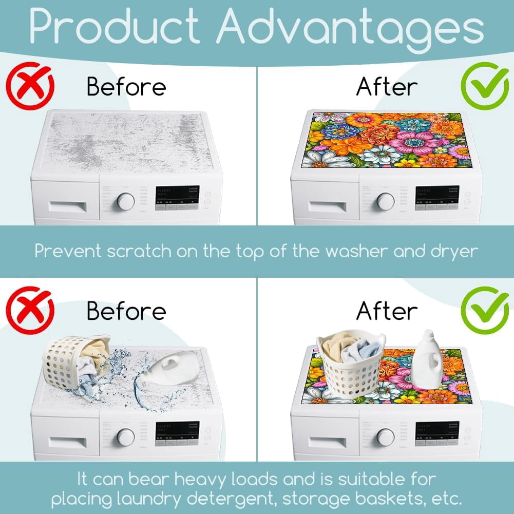 Boho-Flower Washer Dryer Dust Cover 23.6×19.7inch Mandala Washing Machine Top Protector Pads Non Slip Washing Machine Top Covers