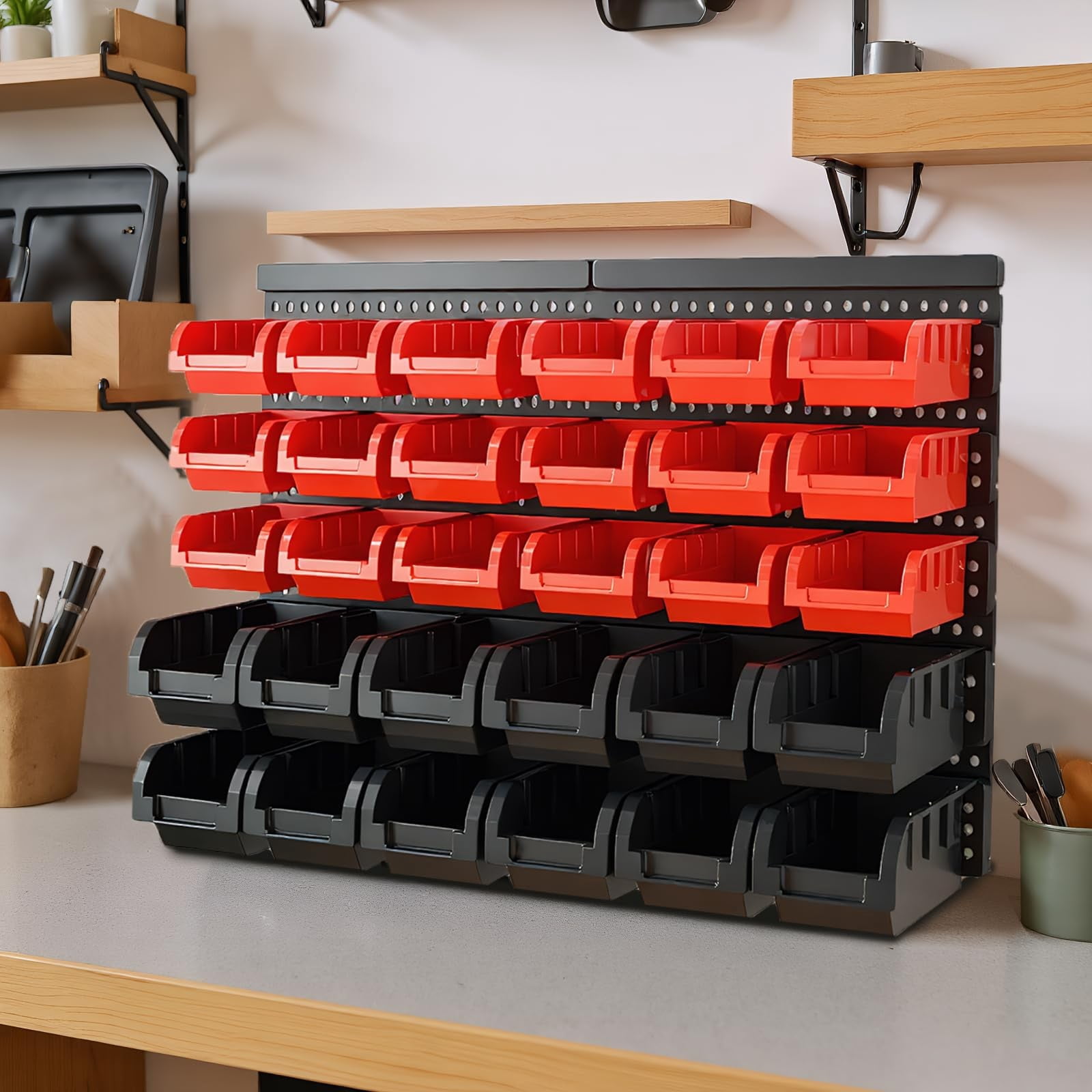 Wall Mounted Storage Bins Organizer Set, 30PCS Plastic Nut & Bolt Organizer with Pegboard, Screw Storage Bins for Garage, Workshop, Craft & Hardware Organization (Red & Black, Small)