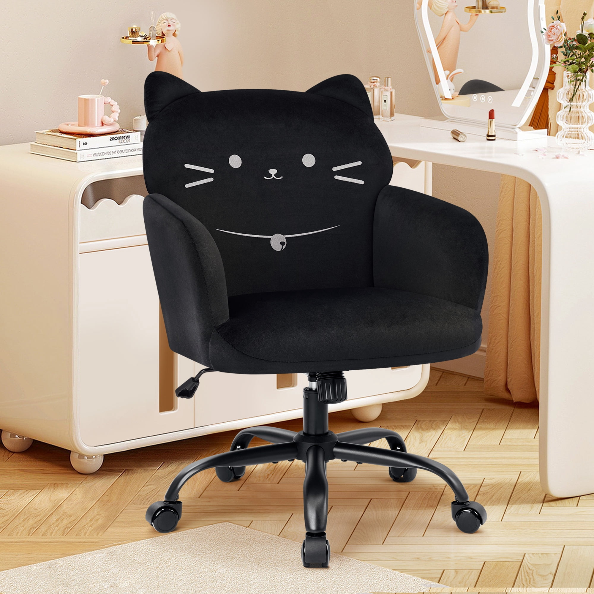 Ergonomic Office Chair for Women  Cute Pet Cat Themed, Velvet Upholstered, Wide Seat, Tufted Desk Chair for Bedroom Study