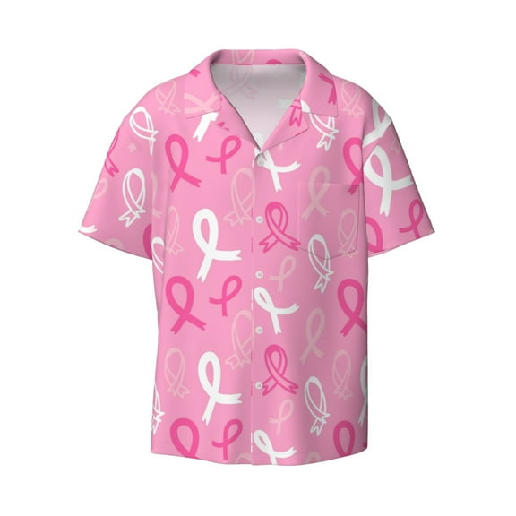 Naloa Breast Cancer Awareness (3) Men's Loose Fit Cuban Collar Short-Sleeve Shirt with Button-down and Chest Pocket for Everyday Wear Outings - Small