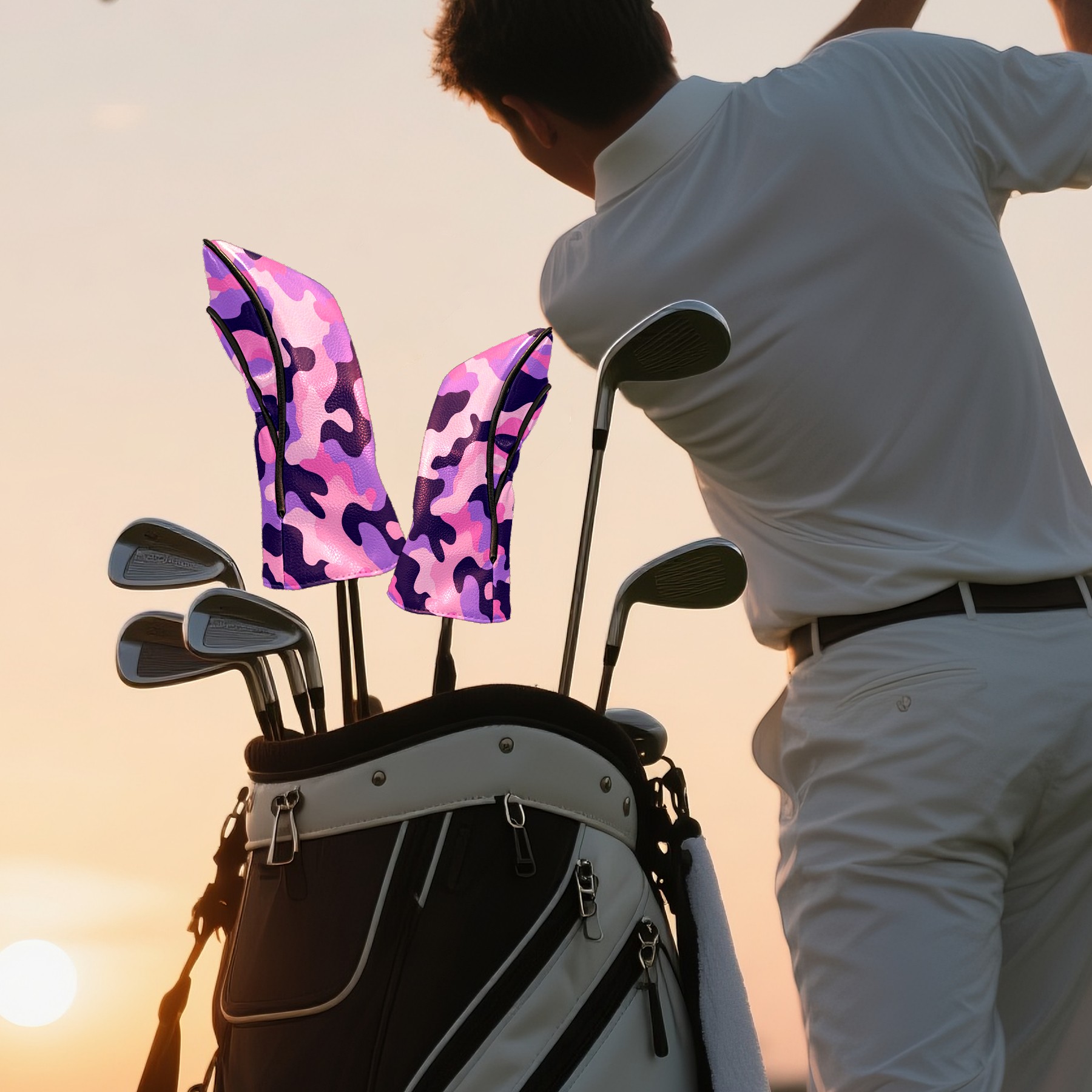 Golf Club Covers PU Leather Waterproof Head Covers for Fairway Woods Hybrids Pink And Purple Camouflage Unisex Fits Most Brands