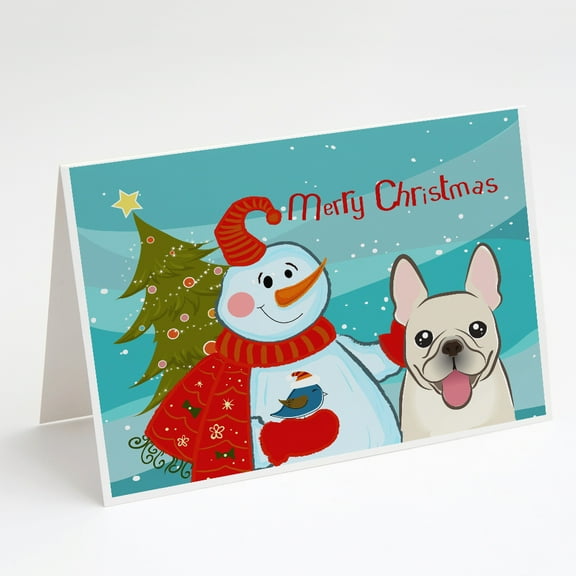 Snowman with French Bulldog Greeting Cards and Envelopes Pack of 8