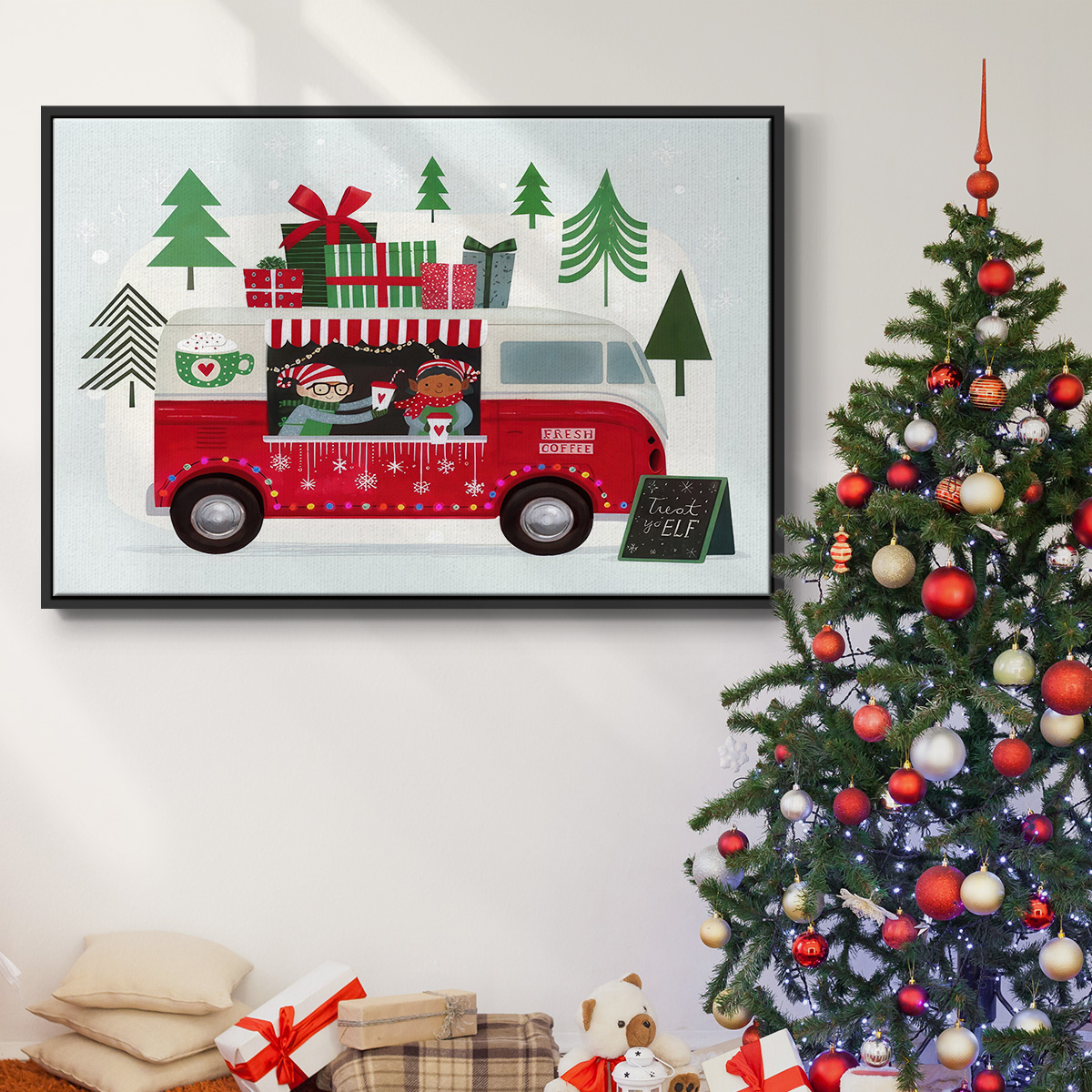Santa's Foodtruck Collection A - Framed Gallery Wrapped Holiday Canvas - 25 x 37 - Black Frame