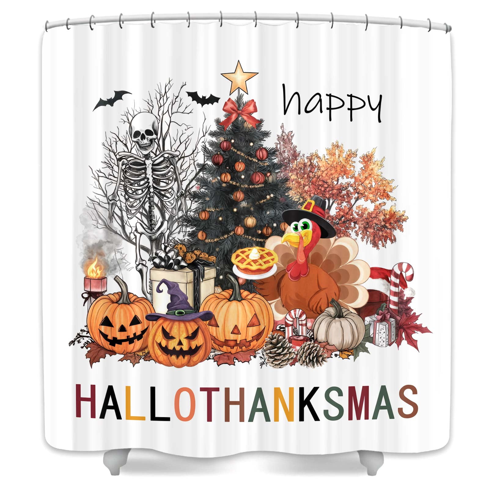 Happy Fall Thanksgiving Halloween Shower Curtains for Bathroom, Fall Autumn Thanksgiving Halloween Christmas Waterproof Bath Shower Curtain Set with Hooks,60X72