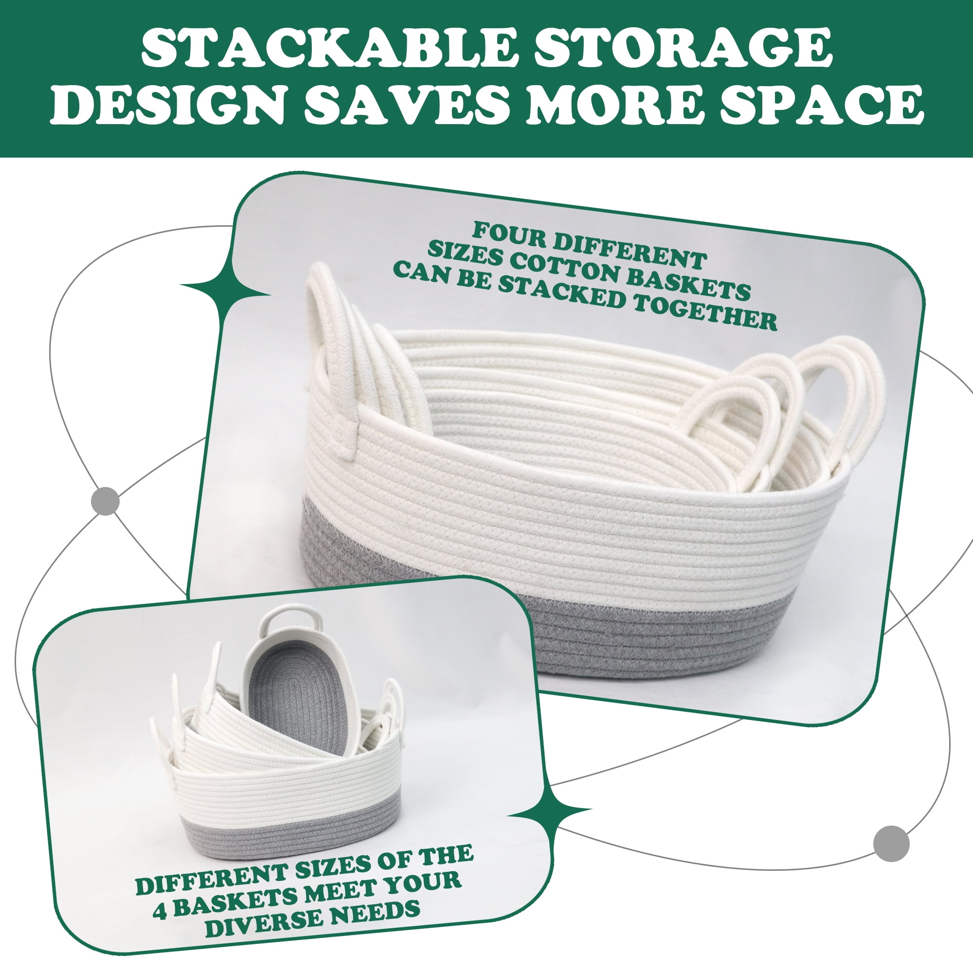 Caroeas 4-Piece Cotton Rope Baskets, Shelf Baskets for Organizing Shelves, Woven Decorative Basket, Nesting Bins for Baby Nursery and Toys, White and Gray (4 Sizes)