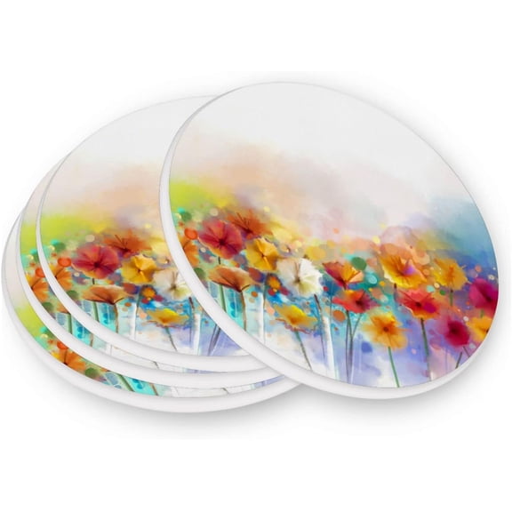 FREEAMG Abstract Floral Print Coasters for Drinks Set of 4, Absorbent Ceramic Drink Coaster with Cork Base for Wooden Coffee Table, Cool Housewarming Gift for Home Decor