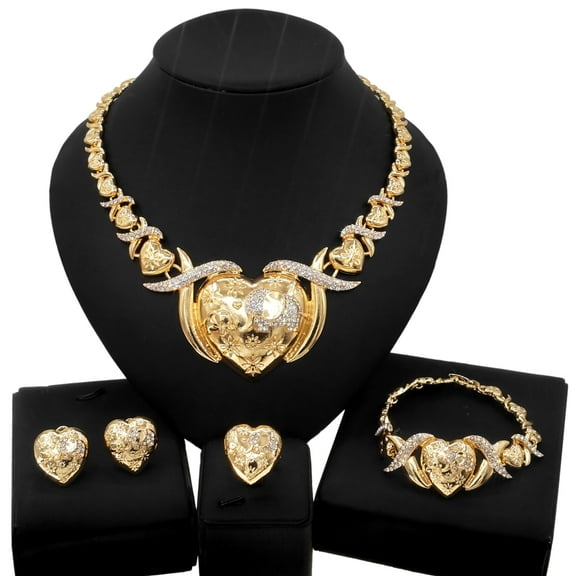 Women's Hugs & Kisses XOXO Shiny Heart Charm Necklace With Elephant Diamonds Image 4 Pieces Jewelry Set - Necklace Set Layered With Real Gold Plated 18k Includes Necklace Bracelet Earrings Ring Set