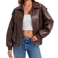 thumbnail image 2 of Womens Oversized Leather Bomber Jackets Cap Sleeve Zip Up Motorcycle Coats with Pockets, 2 of 6