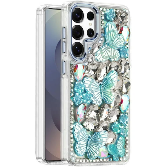 XPM for Samsung Galaxy S25 Ultra 3D Diamond Floral Butterfly Bling Stone Hybrid, Sparkly Rhinestone Gemstone Back Shockproof Phone Case Cover (Blue)