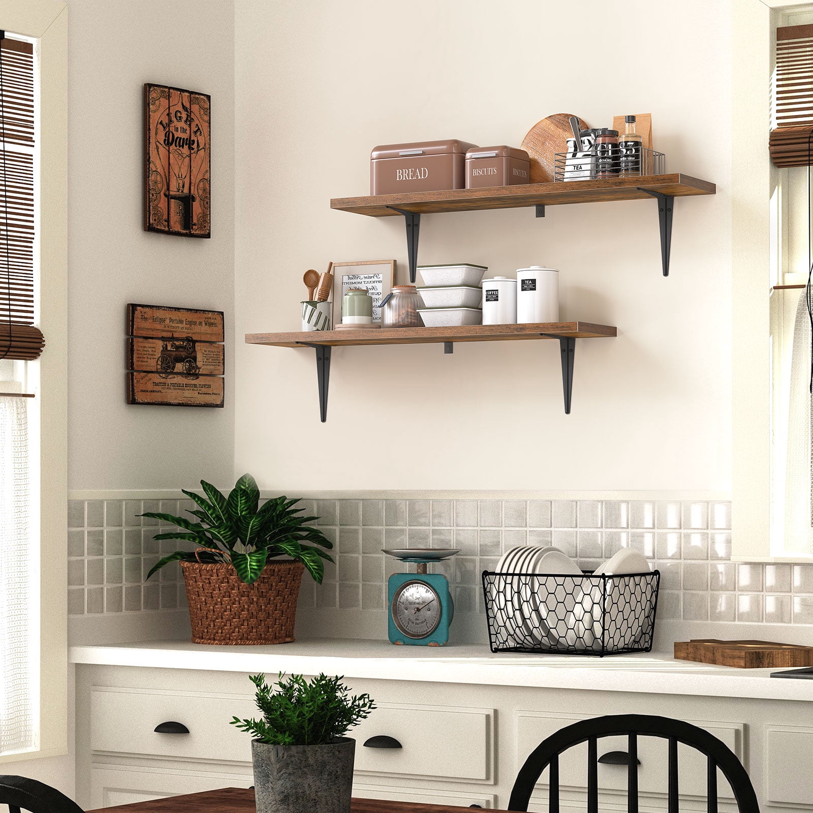 HOOBRO Set of 2 39.4-Inch Floating Wall Shelves with Metal Brackets, Rustic Brown