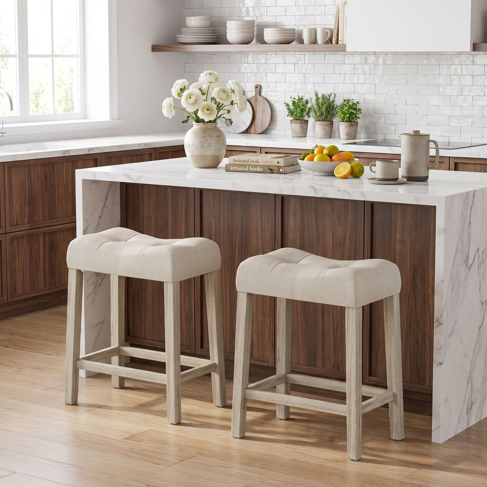 Furnibear Set of 2 Upholstered Counter Height Bar Stool with Curved Saddle Seat