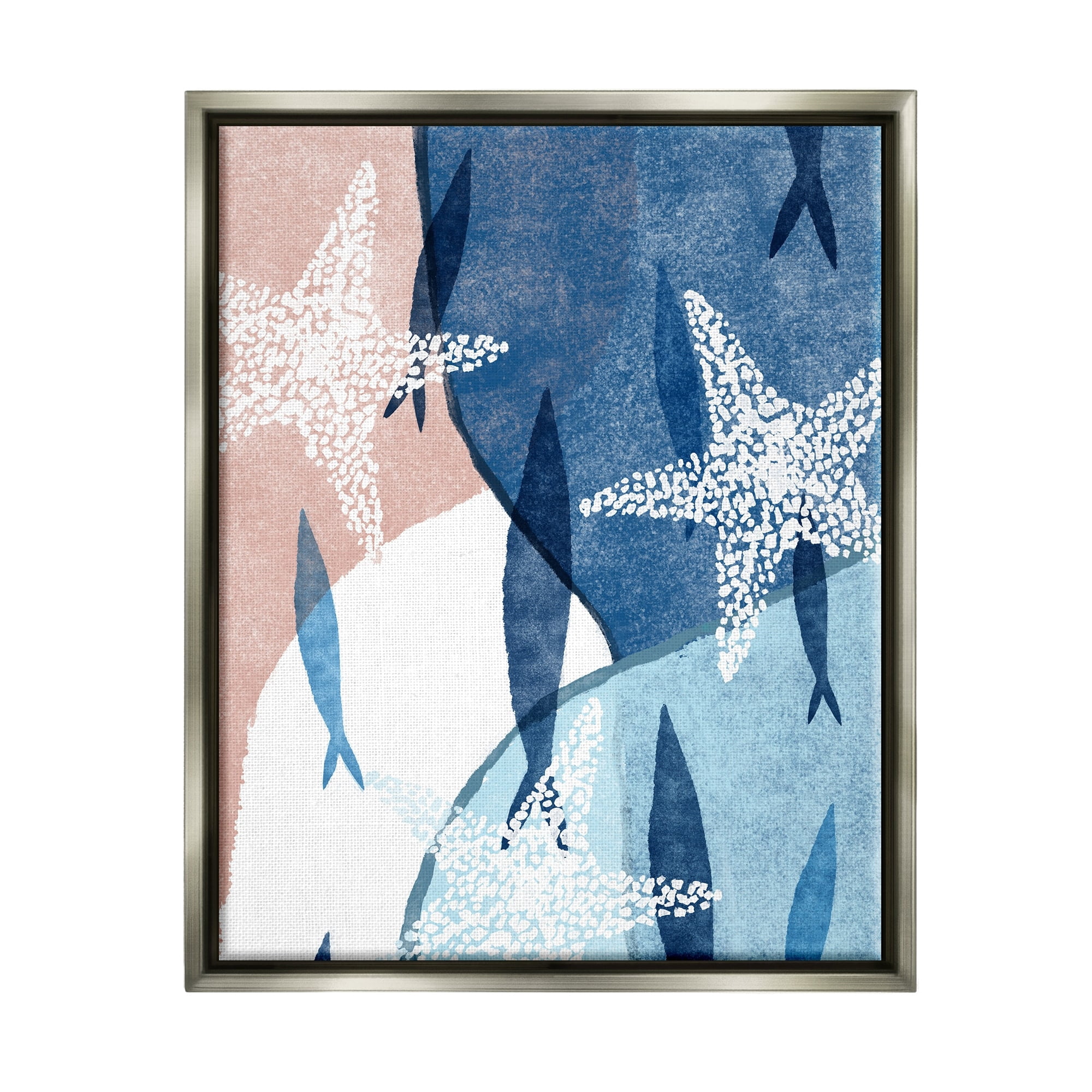 Stupell Industries Abstract Fish Swimming Speckled Starfish Blocked Design Painting Luster Gray Floating Framed Canvas Print Wall Art, Design by Ziwei Li