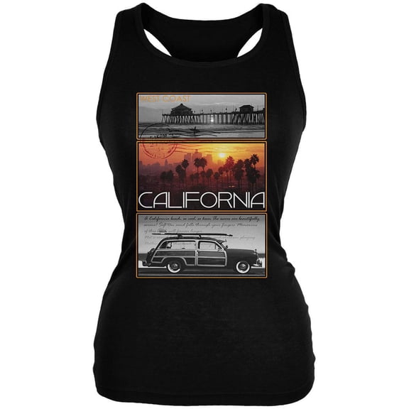 West Coast Postcard Pier Palm California Juniors Soft Tank Top Black LG