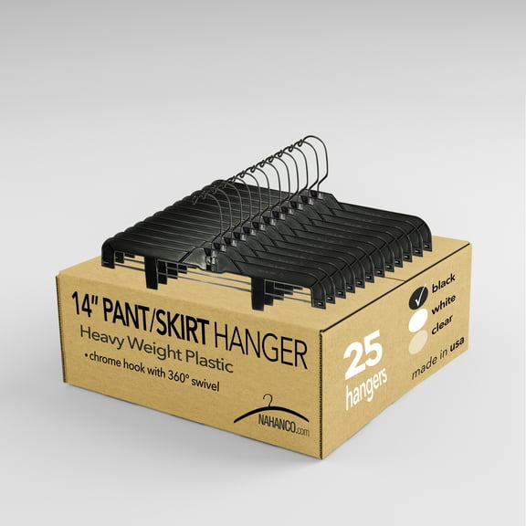 NAHANCO #2600PCBHHU 14" Black Heavy Weight Plastic Skirt/Pant Hangers With Black Hook and Clips (Pack of 25)
