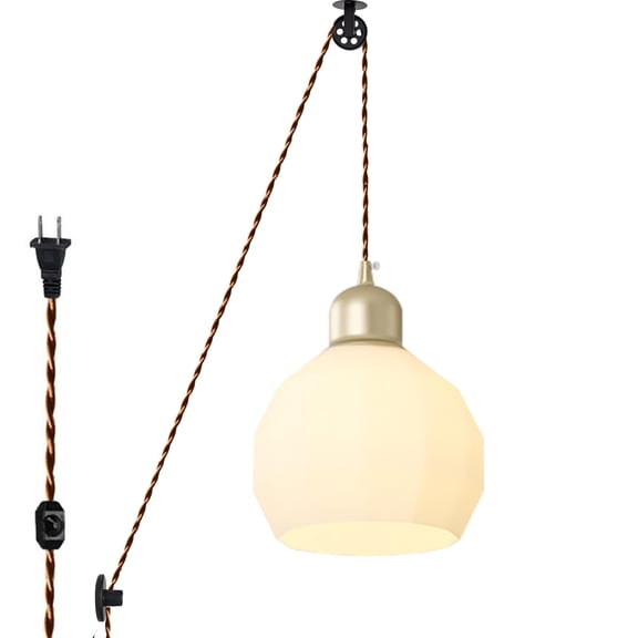 Kiven Plug in Modern Pendant Light, Pulley Hanging Light with White Glass Shade and 15FT Cord, Dimmable Ceiling Pendant Light for Hallway Foyer Kitchen Island Bedroom , E26 Base