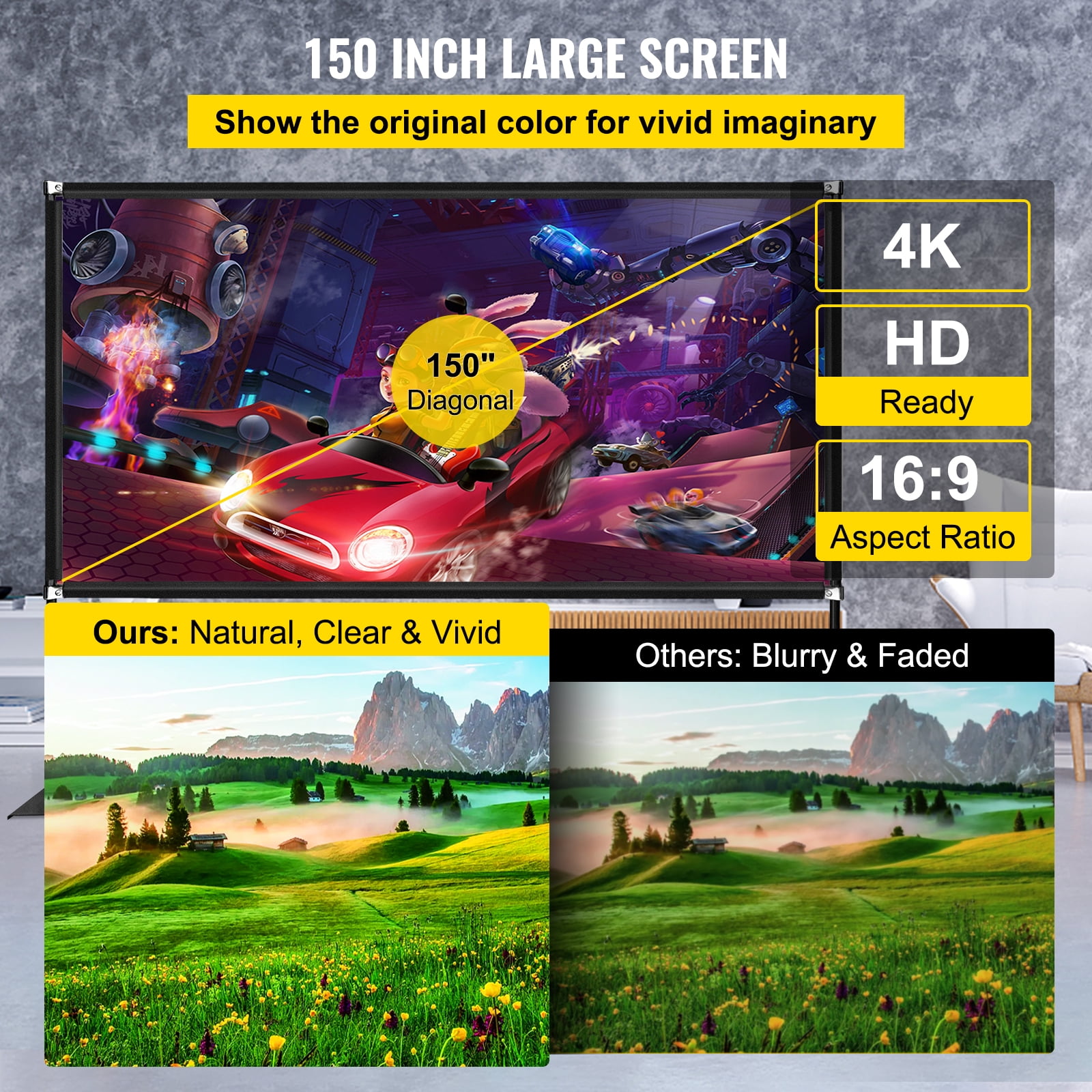 KFFKFF Outdoor Movie Screen w/ Stand, 150" Portable Movie Screen, 16:9 HD Wide Angle Outdoor Projector Screen, Front & Rear Projection,