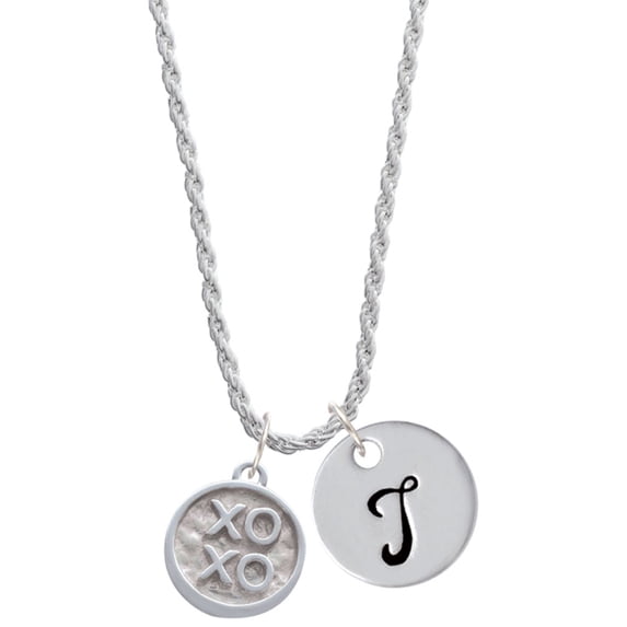 Delight Jewelry Silvertone XOXO - Round Seal Silvertone Script Initial Disc - T - Charm Necklace, 20"+3"