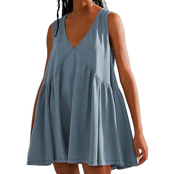VUPSGEZ Womens Summer Sleeveless Mini Dress Casual Loose V Neck Sundress With Pockets (Light Blue,M)