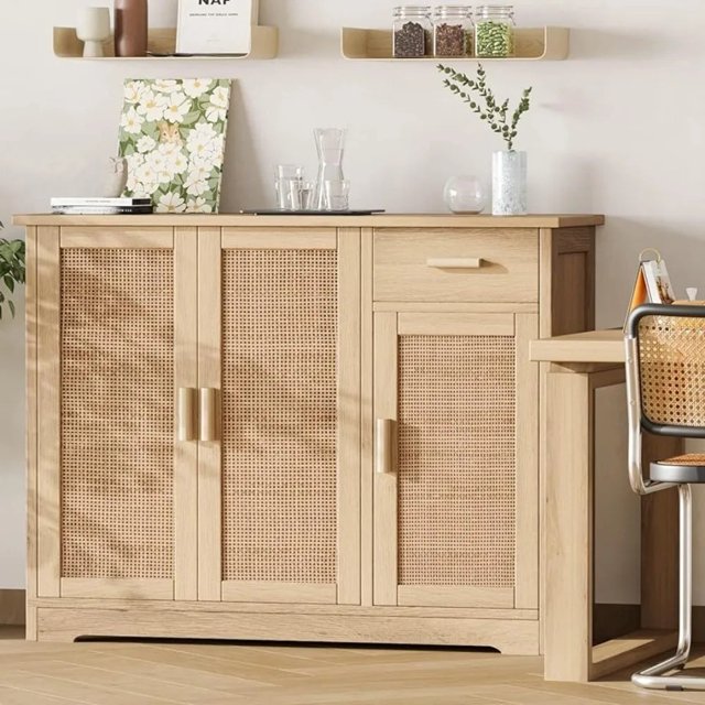 Irontar Kitchen Storage Cabinet, Sideboard Buffet Cabinet Rattan Decorated Doors, Farmhouse Console Table With Drawer My Lux Decor Round