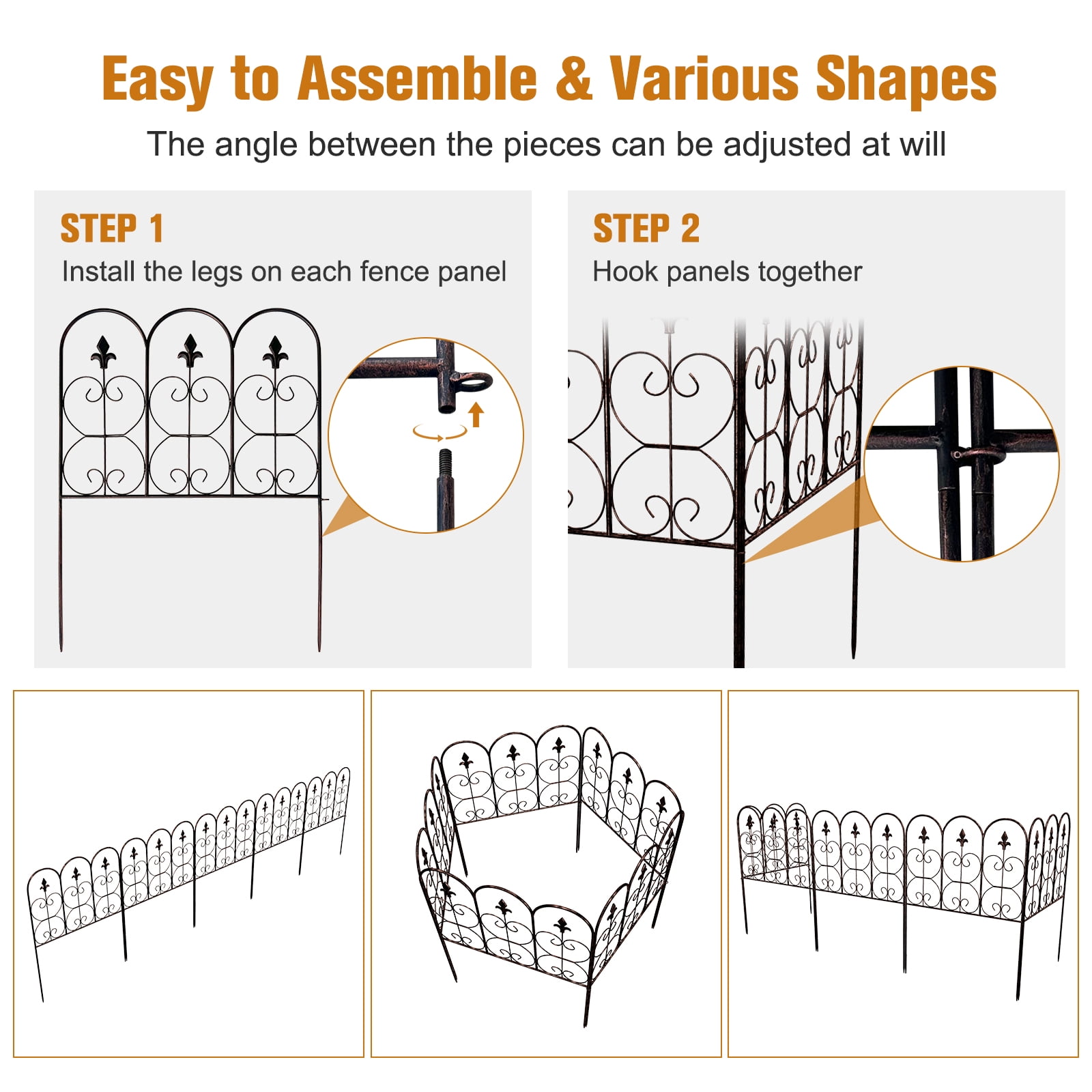 Kinbor 5 Panels Decorative Garden Fence Border, 31.7in (H) x 10ft (L) Metal Garden Fencing Animal Barrier for Dogs, Black Gold
