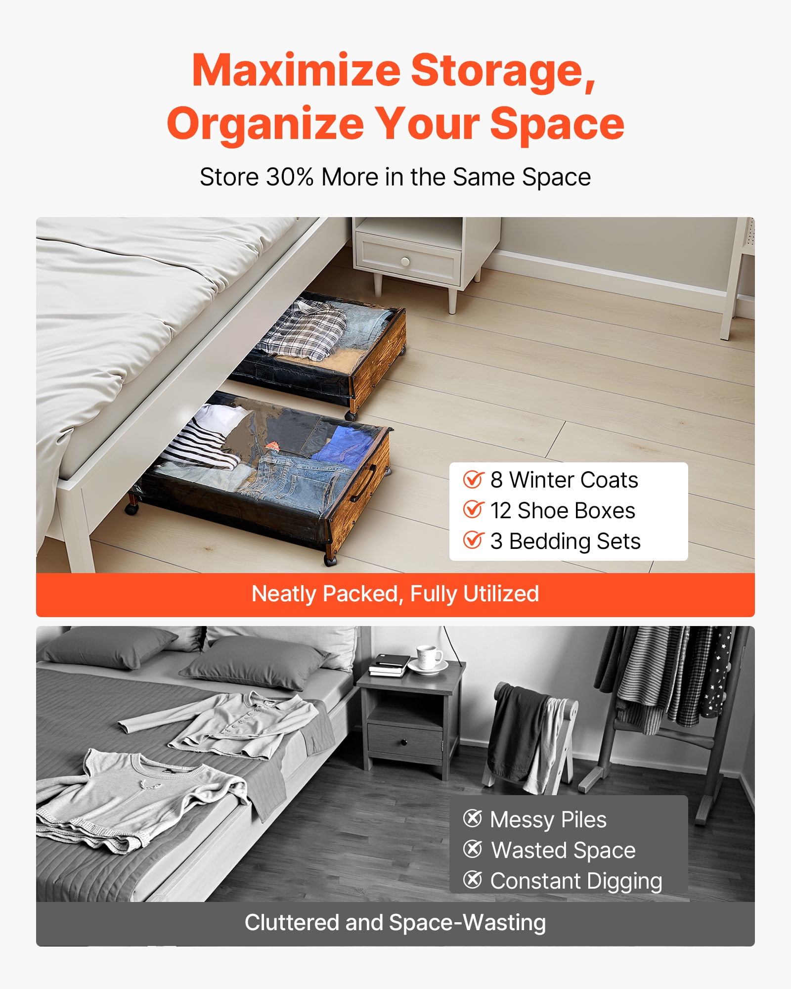 VEVOR Under Bed Storage with Wheels, 25.6 x 18.1 x 7.1 inch Underbed Containers, Underbed Shoes Organizer with Lockable Wheels, Rolling Under the Bed Storage Bins for Clothes, Shoes, Blankets, 2 Pack