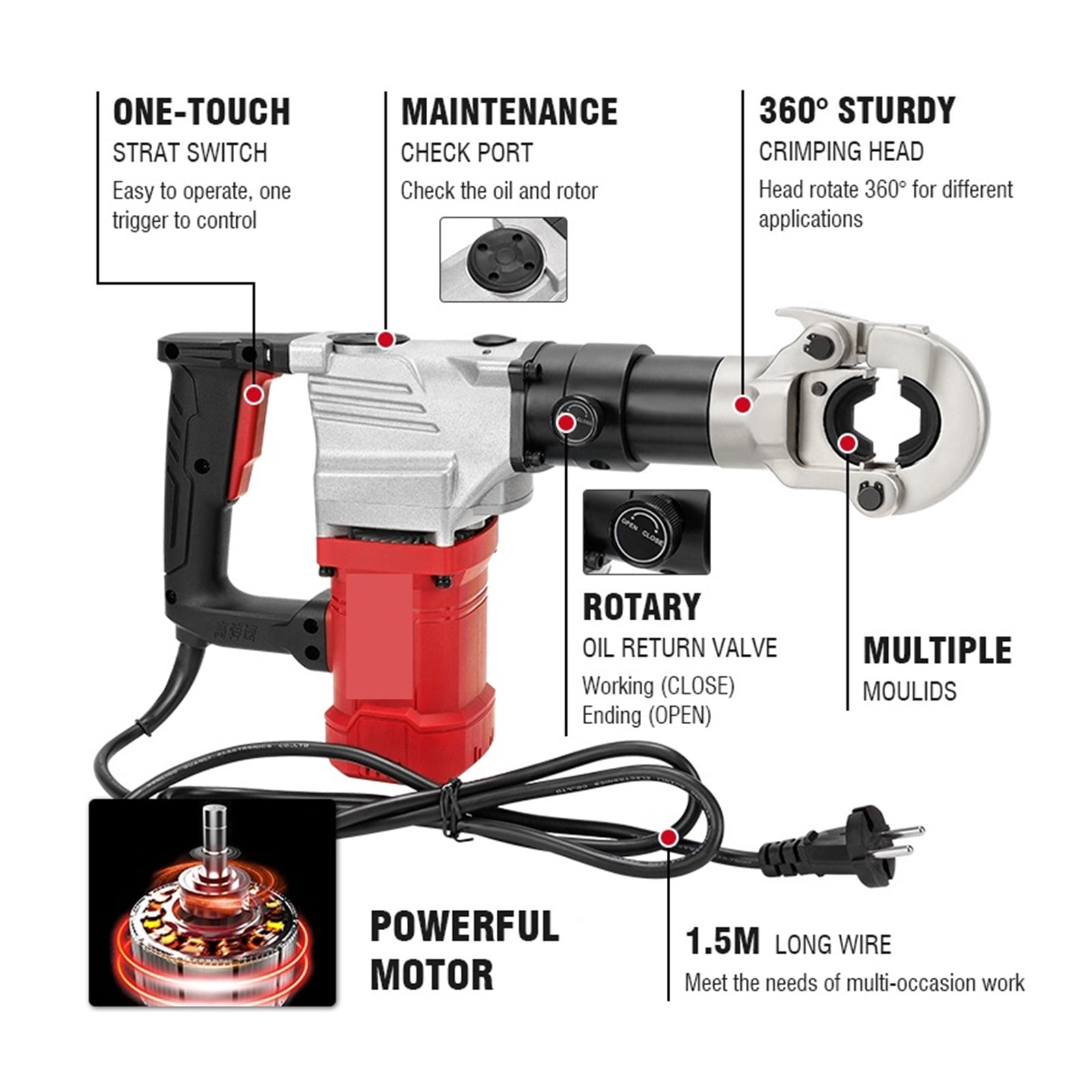 KM-300 In-line Electric Power Cable Crimping Tool, 10-300mm² Copper/Aluminum Terminal Crimping 2200W Power