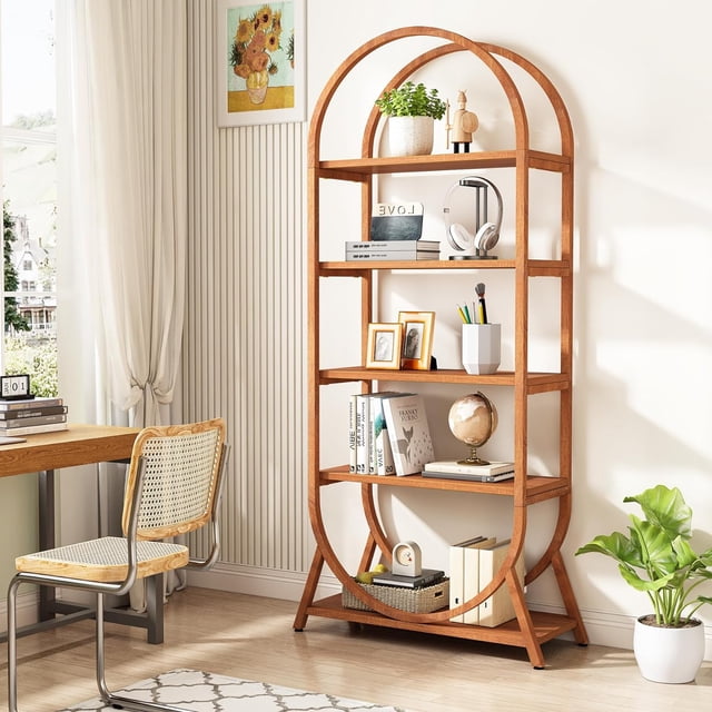 70.8" Tall Open Bookshelf, 5-Tier Arched Bookcase, Modern Brown Storage Bookshelves (1PC)