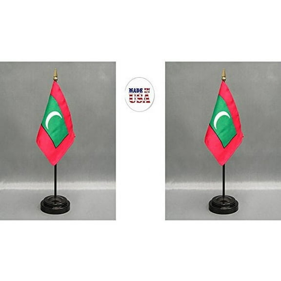 Made in The USA. 2 Maldives Rayon 4"x6" Miniature Office Desk & Little Hand Waving Table Flags Includes 2 Flag Stands & 2 Small Mini Maldivan Stick Flags