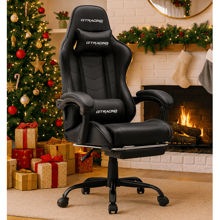 GTRACING Ergonomic GTWD-200 Gaming Chair with Adjustable Pillows and Footrest, Black