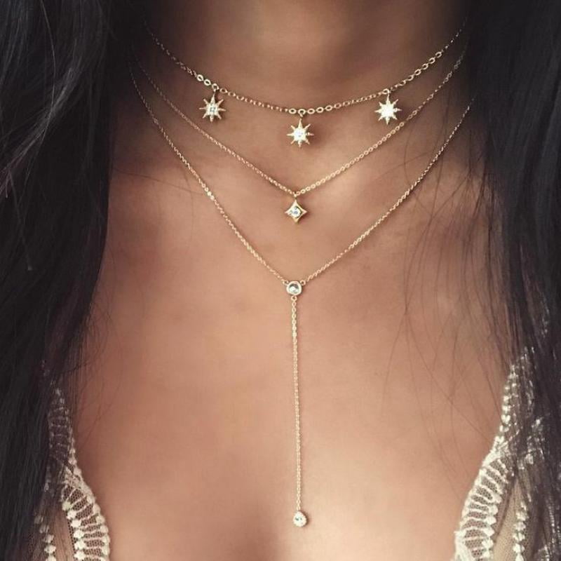 Fashion Women Multilayer Gold Choker Star Crystal Chain Pendant Necklace Jewelry