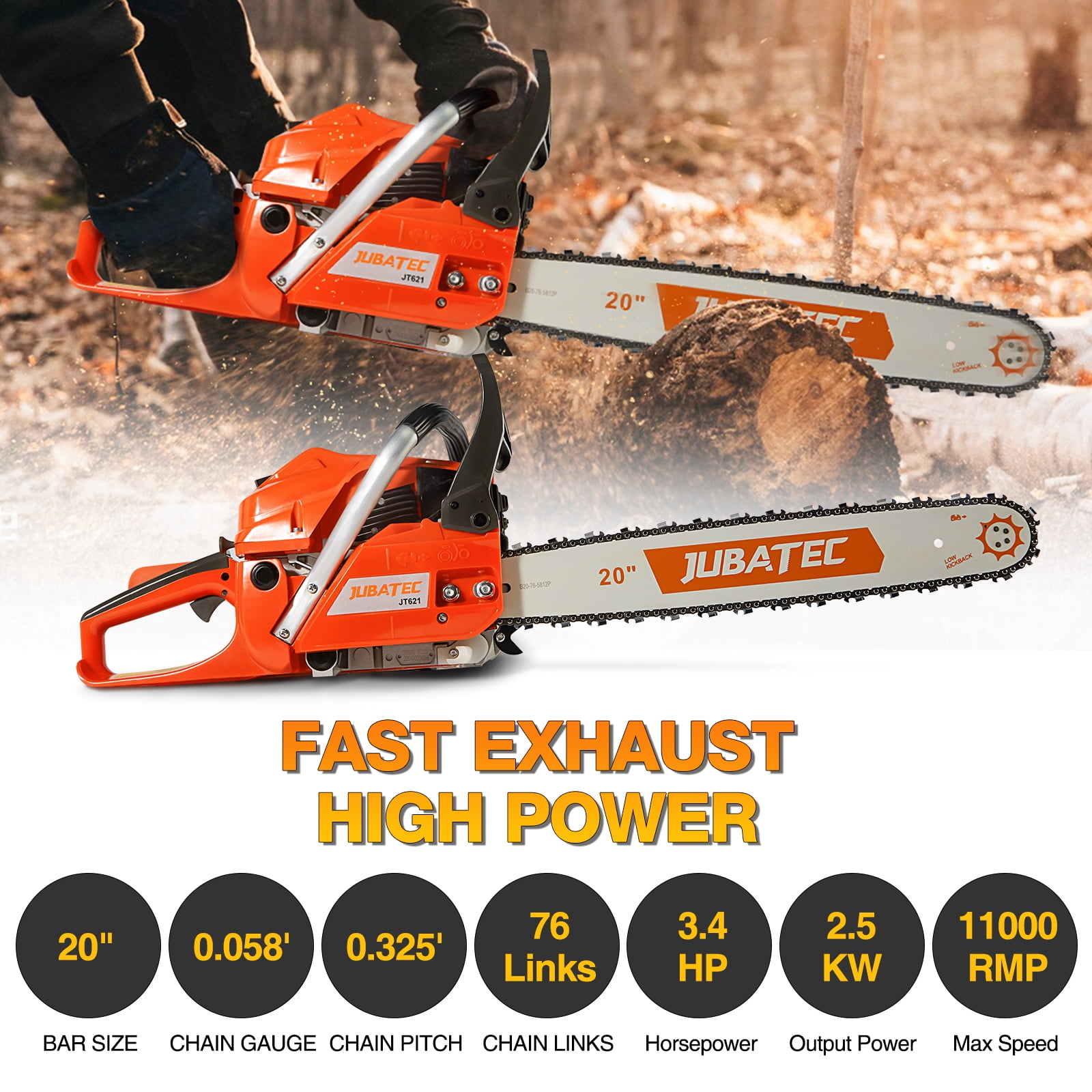 56.5cc 20 inch Bar Gas Powered Chainsaws 2 Stroke Handed Petrol Gasoline Power Chain Saws for Trees Wood Cutting