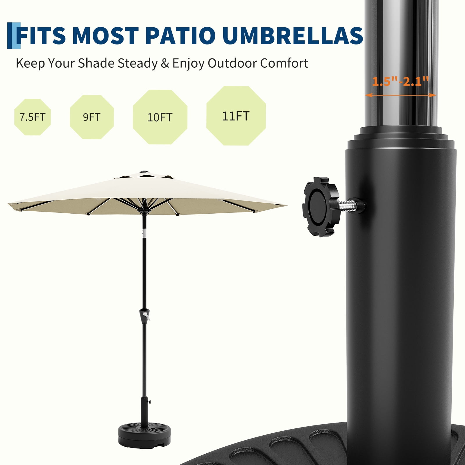 EuKer 20.08" Outdoor Umbrella Stand Base with Adjustable Steel Pole Adapter and Water/Sand Filled for 7.5-11 ft Umbrellas, Black
