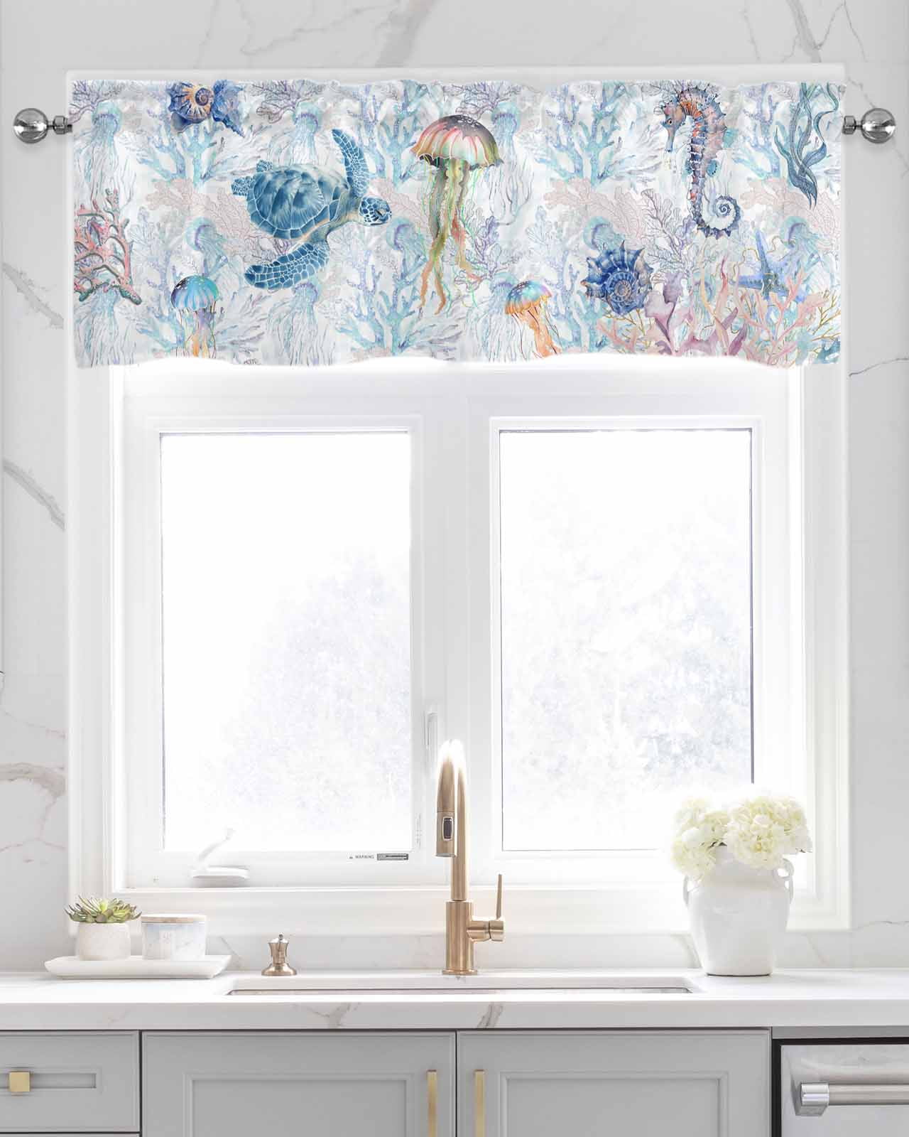 Blue Coastal Turtle Linen Curtain Valance for Bedroom/Bathroom/Kitchen/Office/Living/Dining Room Window,Coral Jellyfish Sea Horse Conch Pocket Topper Drapes Decorative Cafe Drapery Panel 54"x18"