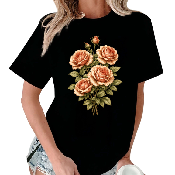 Giffimy Women Vintage Peach Orange Rose Bouquet Thorn Leaf Floral Crew Neck Daily Casual Short Sleeve S-5XL Black Tops