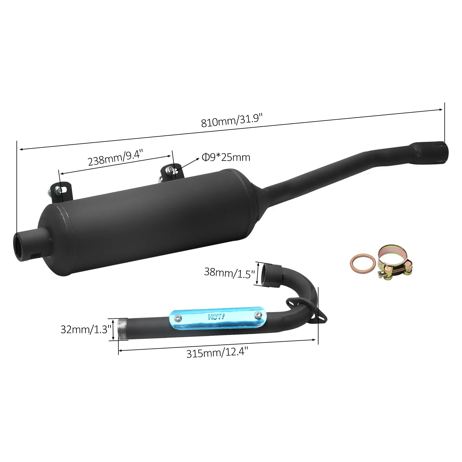 38mm 1 1/2" ATV Exhaust Pipe Muffler Assembly for 4 Stroke Vertical Engine ATV Quad Buggy Go Kart Pit Dirt Bike 125cc 150cc 200cc 250cc Taotao Coolster Kazuma Roketa