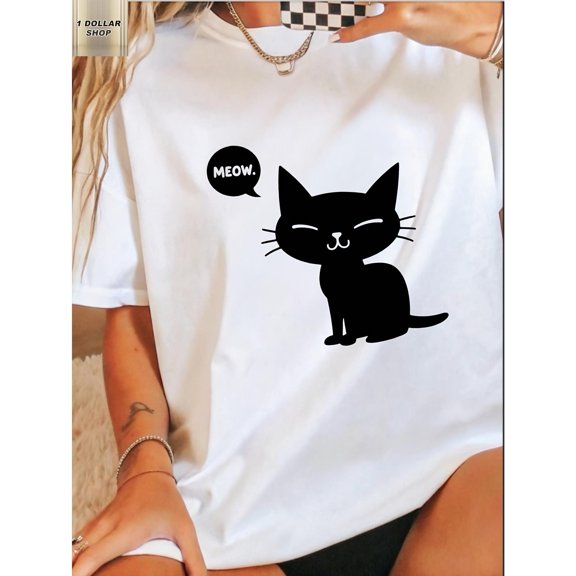 Women's White "Meow" Cat Graphic Tee Plus Size S-5XL, Cute Printed T-Shirt, Casual Oversized Top for Cat Lovers & Streetwear Enthusiasts