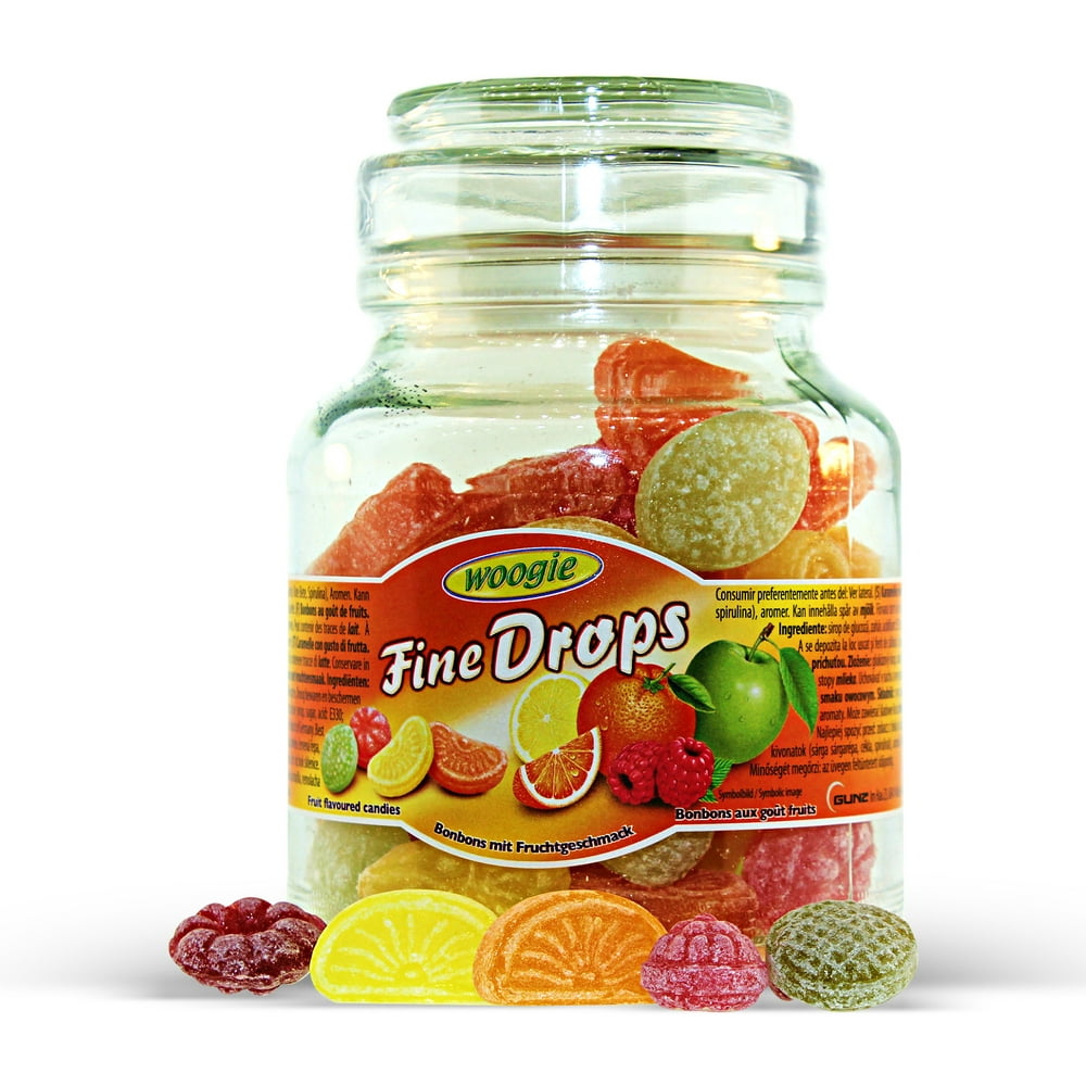Woogie, German Fine Drops Sanded Mix fruits Candy Mini Glass Jar 300gr