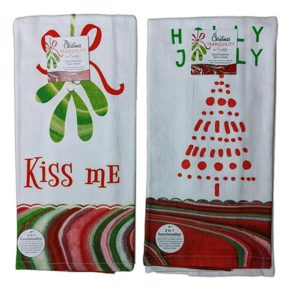 Set of 2 CHRISTMAS TRANQUILITY Mistletoe & Christmas Tree Terry Kitchen Towels by Kay Dee Designs