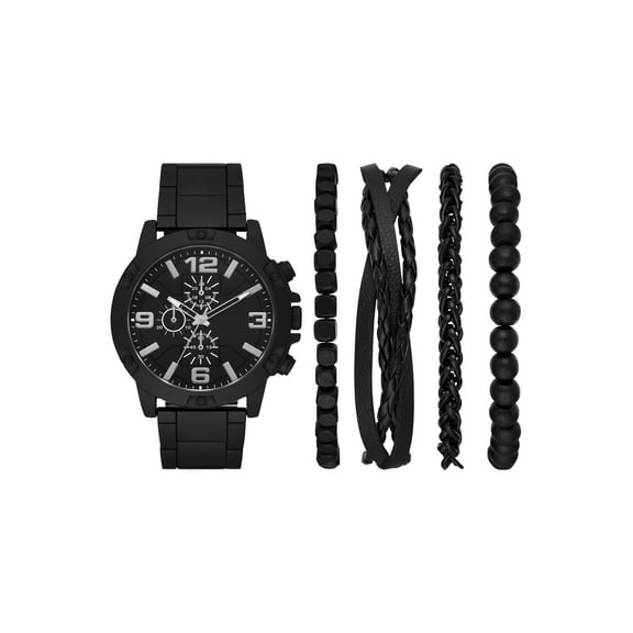 Folio Men's Gift Set; Matte Black Bracelet Watch, Black Dial and Stackable Bracelets (FMDAL1183)